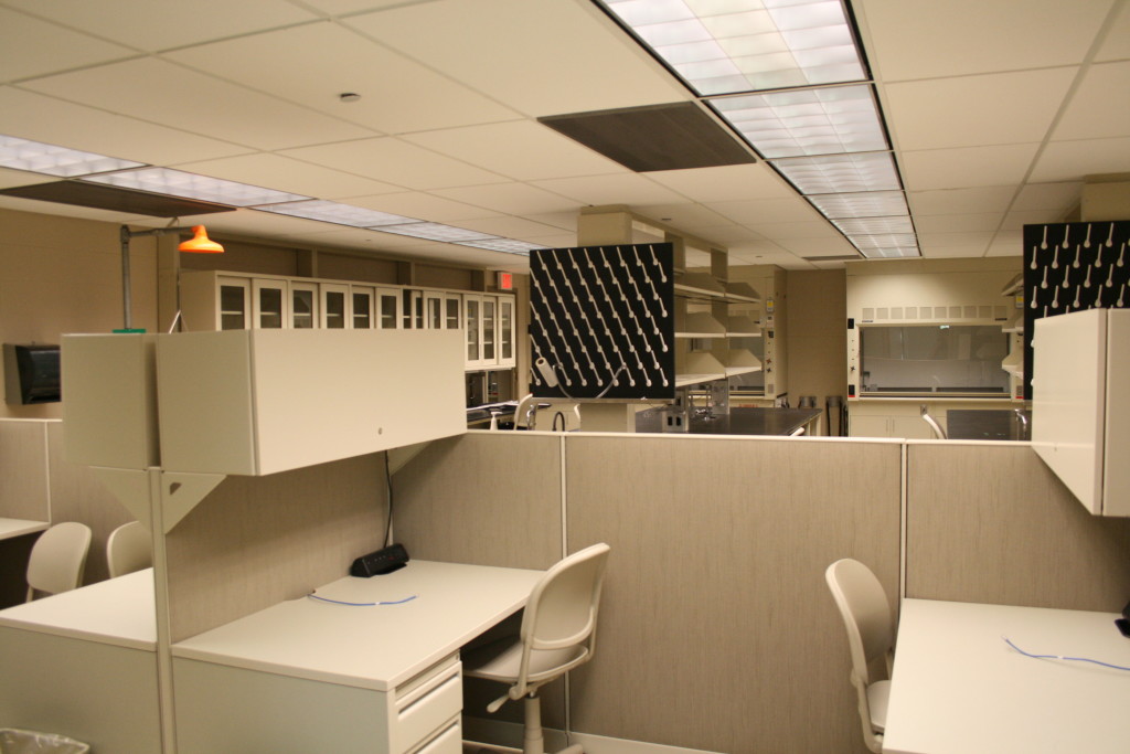 Photo of the lab, showing student desks in the foreground and fume hoods in the background.